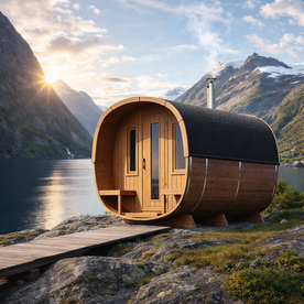 Bastutunna Deluxe Cube med terrass p&aring; framsidan och omkl&auml;dningsrum